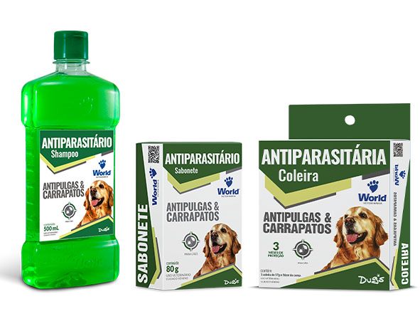 Shampoo, sabonete e coleira antiparasitários World Veterinária