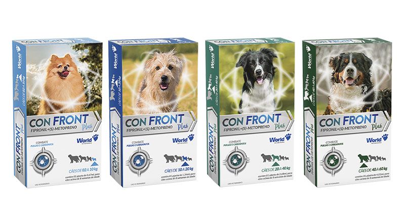 Embalagens de ConFront Plus para cães de diferentes pesos